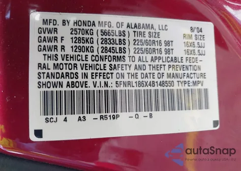 2004 Honda Odyssey Ex из США, поврежденный, VIN 5FNRL186X4B148550